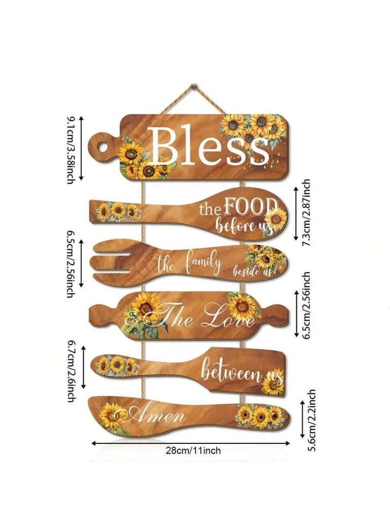 Bless the Food Before Us Wall Hanging – Rustic Kitchen Wall Decor Sign – Wooden Spoon & Fork Quote Art – Farmhouse Dining Room Hanging Plaque - Image 2